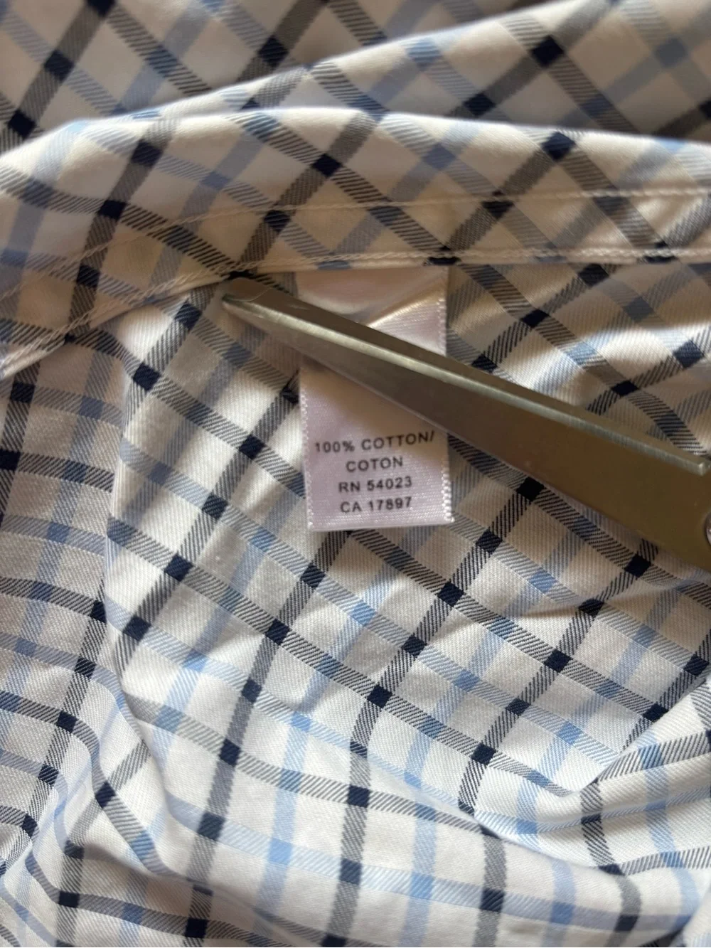 Banana Republic White Dress Shirt with Blue and Gray Plaid